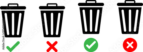 Trash Can Action Icon Set: Delete Confirmation Symbols with Green Checkmarks and Red Crosses