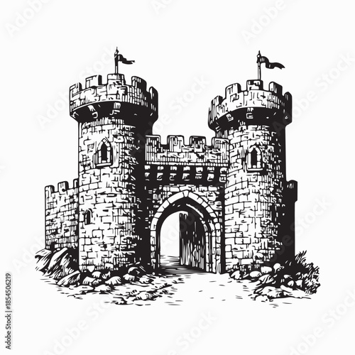 A medieval castle with two towers and a gate image vector