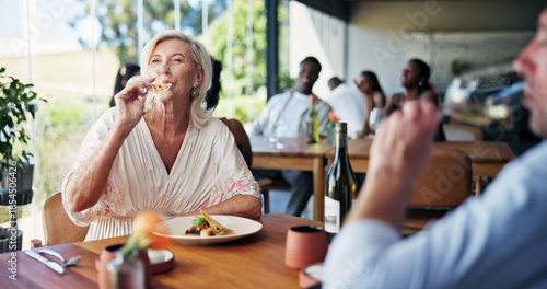 Vászonkép Alcohol, couple and date with woman in restaurant together for anniversary, bonding or relationship