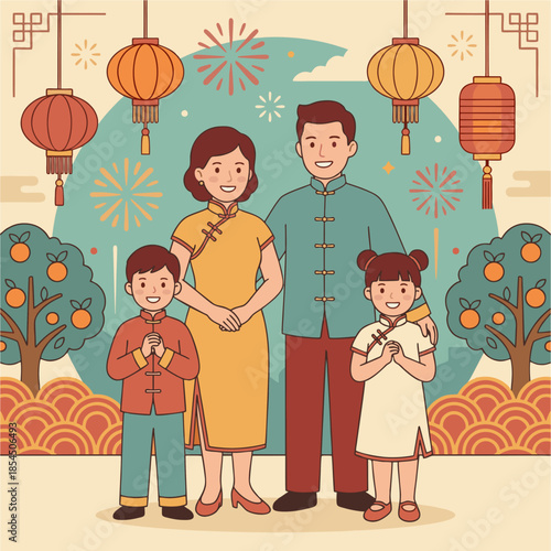 Chinese Family Greeting Gong Xi Fa Cai with Mandarin Orange Trees and Fireworks Background