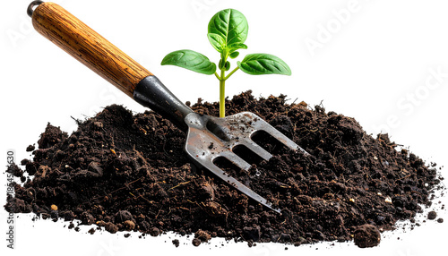 A small plant sprouting next to a gardening tool in a pile of soil