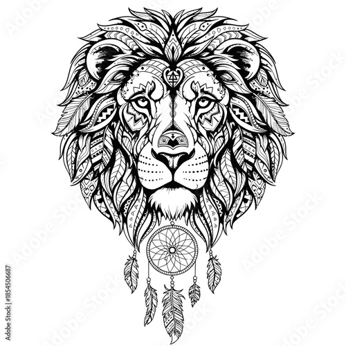 Lion Head with Dreamcatcher and Leaves Illustration.