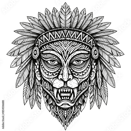 Native American Tribal Chief Illustration Face.