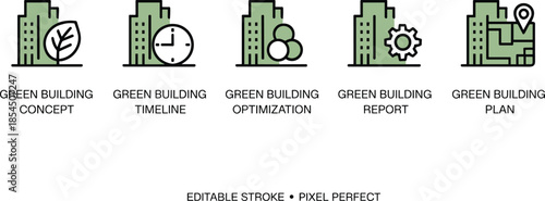 Green building filled icon set showing concept timeline optimization report plan, sustainable architecture symbols, cad drawing flat vector illustration