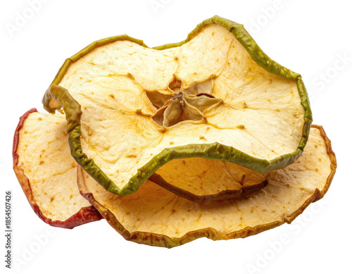 Dehydrated apple slices, golden brown with red edges, close-up shot