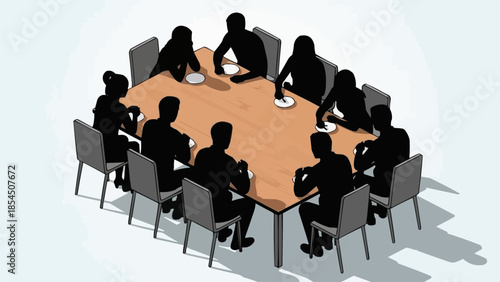 Silhouettes of people sitting around a conference table in a meeting.