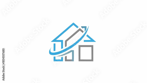 Modern House Outline with Orbiting Ring Logo Design.