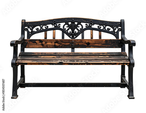 Isolated, weathered park bench with ornate back and dark metal frame