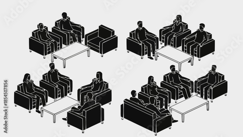 Isometric view of people sitting in chairs around tables in a meeting or discussion setting.