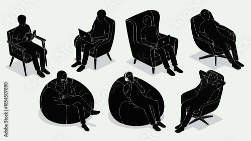 Silhouettes of people sitting in various chairs and beanbags, engaged in different activities.