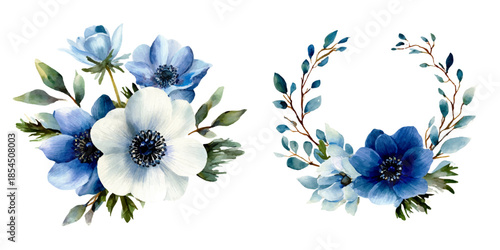  blue and white flowers with lush green foliage.