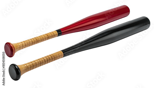 Two wooden baseball bats, one red, one black, resting on a black surface