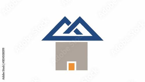 Simple house icon with blue roof and gray walls, small orange door.