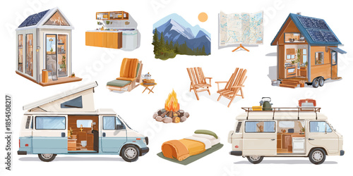s various elements of tiny home living and camping, including tiny houses, camper vans, and outdoor essentials.