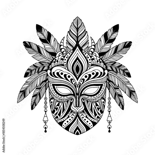 Intricately Designed Feathered Mask Illustration.