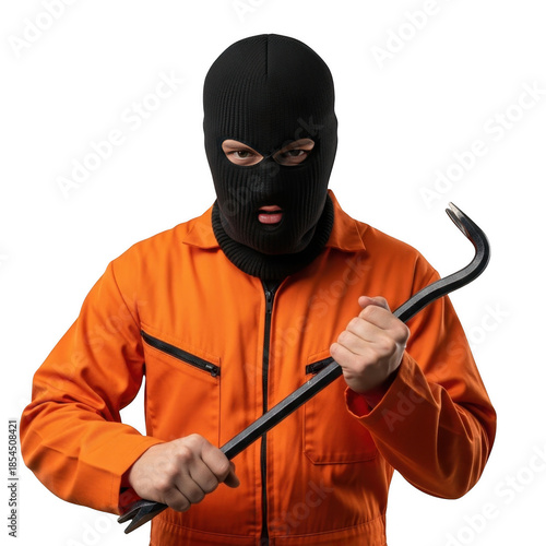 Male Thief with Crowbar Wearing Overall and Mask isolated on Transparent Background