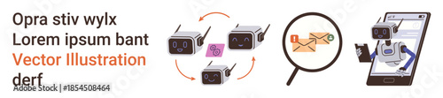 Email security, automation, technology, artificial intelligence, communication, efficiency. Sequence of robots processing emails, magnifying glass digital communication. Email security