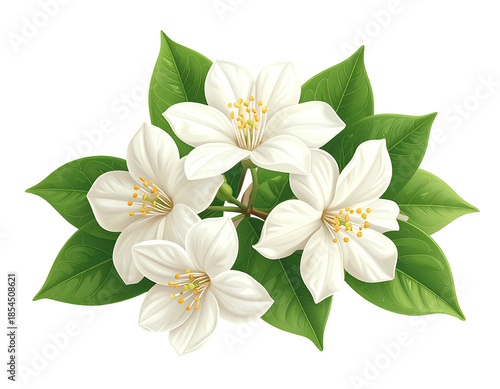 A cluster of white blossoms with green leaves, on a black background