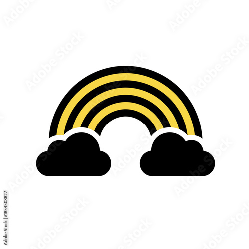 A simplified, stylized depiction of a rainbow arching over two dark, fluffy clouds, rendered in a graphic vector art style with bold black and yellow stripes