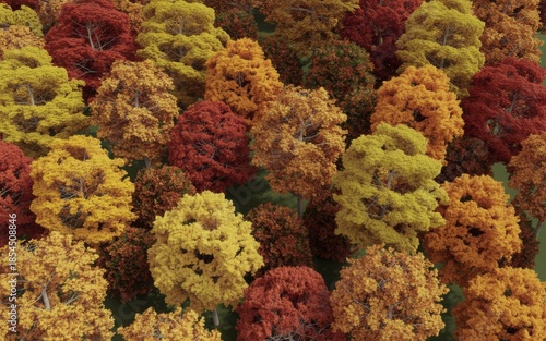A beautiful aerial view of a dense forest displaying vibrant red, orange, and yellow autumn colors. isolated on transparent background