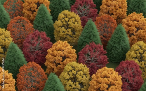 Vibrant autumnal forest with deciduous and coniferous trees viewed from above isolated on transparent background
