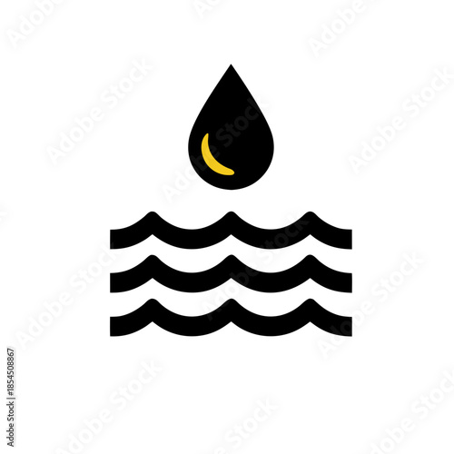 Clean and minimalist vector illustration depicting a solitary water droplet falling onto gentle wavy lines, symbolizing hydration, purity, and essential natural liquid