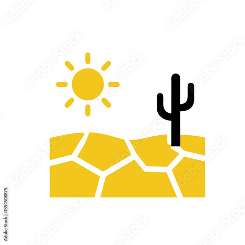 Stylized vector illustration of a harsh desert landscape under a scorching sun, featuring cracked dry earth and a lone cactus, symbolizing drought and arid conditions