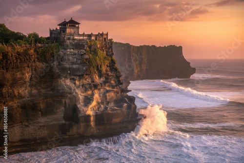 Dramatic sunset view of uluwatu temple perched on the high cliff overlooking the ocean isolated on transparent background