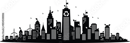 Sustainable eco city skyline silhouette with green buildings, wind turbines and recycling symbol, environmental urban concept, clean energy design, cad drawing flat vector illustration