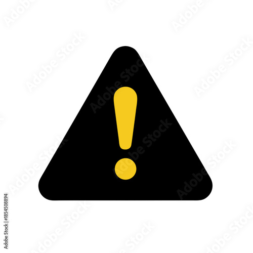 A prominent black triangular warning sign featuring a bold yellow exclamation mark, symbolizing alert, caution, and important information for safety and potential hazards