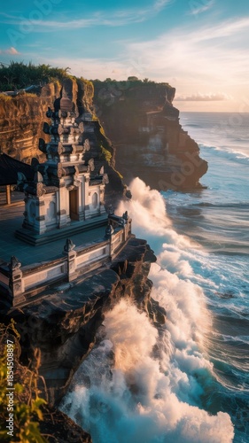 Pura luhur uluwatu temple perched on a cliff edge as waves crash below during sunset isolated on transparent background
