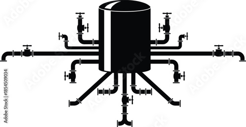 Industrial storage tank with connected pipeline valves silhouette illustration, oil gas distribution system concept, mechanical engineering infrastructure design, cad