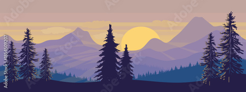 Landscape. Natural and mountainous scenery, with beautiful hills and pine trees at sunset.