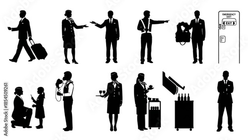 Diverse Silhouettes of Airline Professionals and Aviation Crew Performing Air Travel Services and Duties