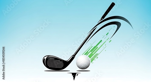 Golf Club Hitting Ball with Swirls on Blue Background.