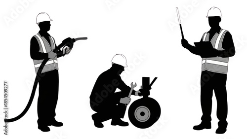 Silhouettes of aviation ground staff conducting essential aircraft service and safety checks