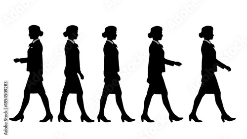 Silhouette sequence showcasing a professional businesswoman walking with determination and focus
