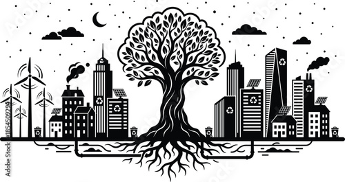 Sustainable eco city skyline with tree of life, renewable energy, recycling buildings and roots connection, environmental urban concept, cad drawing flat vector illustration