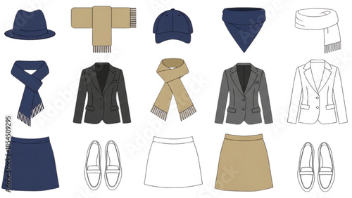 Versatile Collection of Modern Apparel and Accessories for a Complete Wardrobe, Illustrated in Flat Design Style