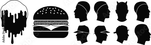 Minimal black silhouette icon set showing burger food symbol and human profile heads for branding logo design