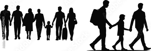 Family walking silhouettes with parents children and travelers flat vector illustration representing togetherness journey lifestyle people concept
