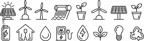 Renewable energy icons set with solar wind water eco power flat vector illustration representing sustainable technology environment concept