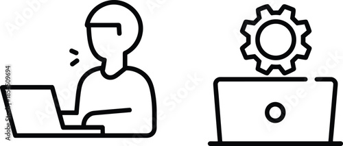 Developer working on laptop with settings gear icon flat vector illustration representing coding workflow automation technology support concept