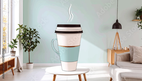 Stylized Coffee Cup Illustration with Steam on a Table.