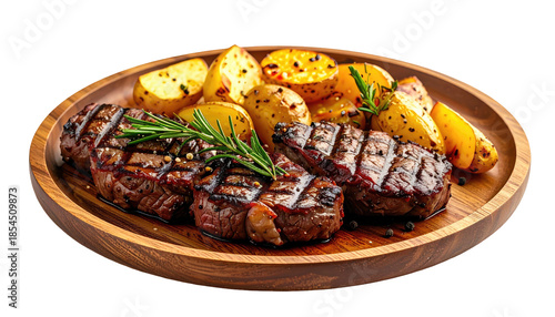 Grilled steak and potatoes with rosemary on a wooden platter
