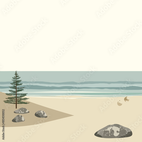 Minimal Luxury Christmas Beach Illustration with Elegant Calm Ocean and Soft Ivory Tones