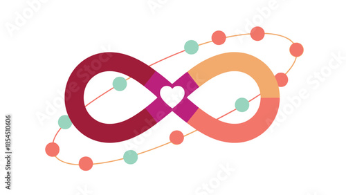 Modern graphic representation of an infinity loop with a heart in the center and a beaded orbit