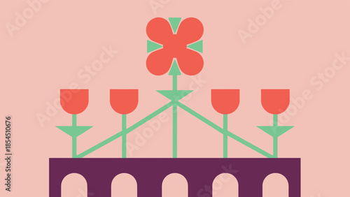 An abstract illustration of symmetrical flowers growing on a purple bridge structure