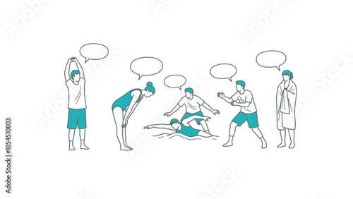 Illustration of a sports team or community engaging in pre-exercise warm-ups and swimming practice