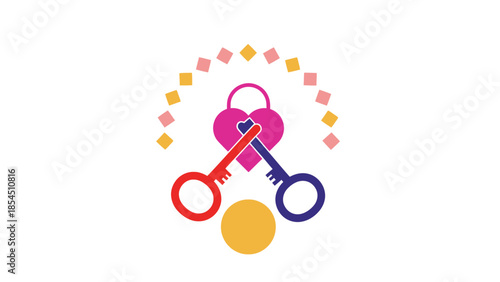 Two keys and a heart padlock symbolize commitment and finding the key to love in flat design